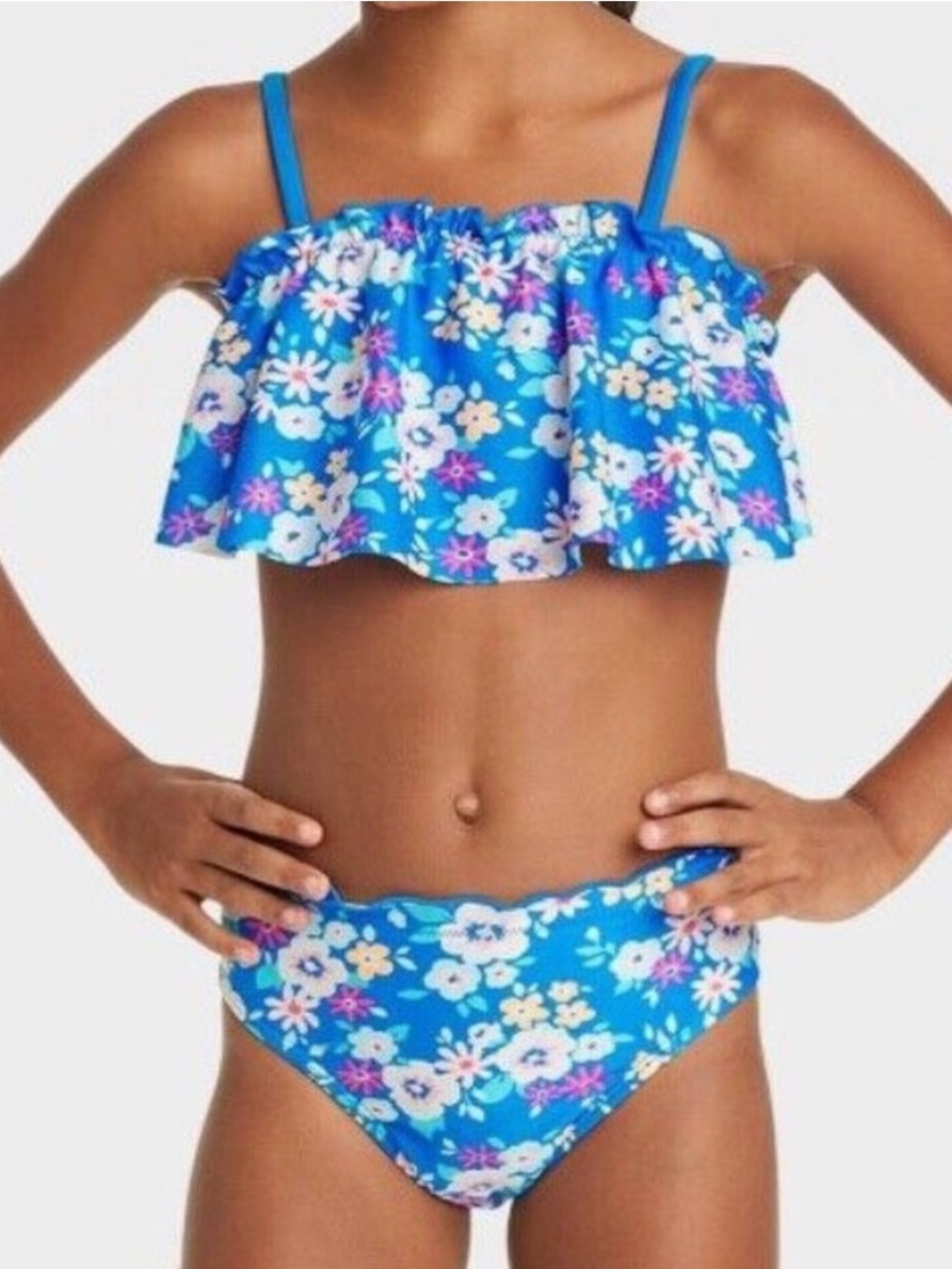 Cat & Jack Blue pink Floral Flounce Bikini 2 piece swim girls medium (8)